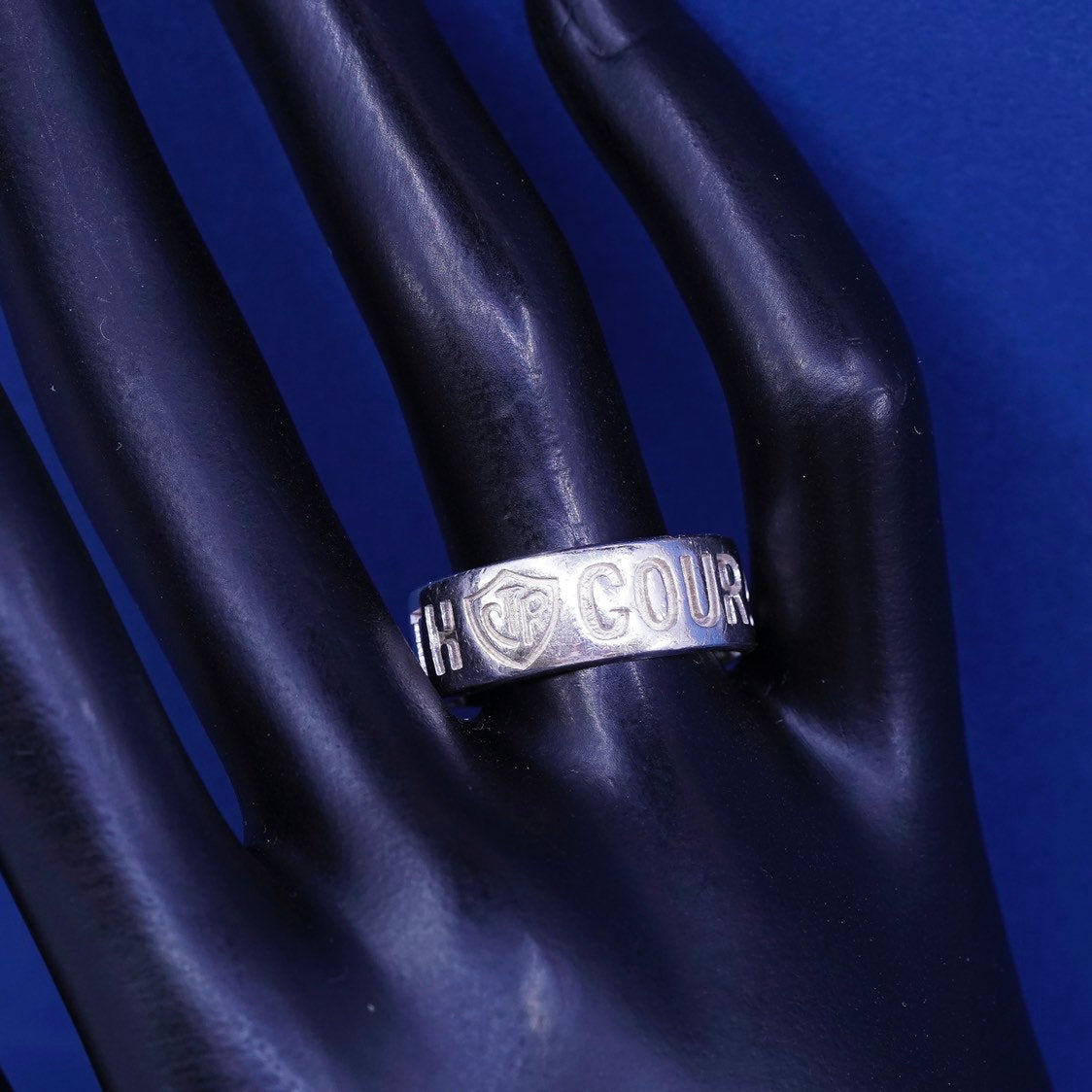 sz 9, vtg Ringmaster sterling silver handmade ring, 925 band w/ faith courage
