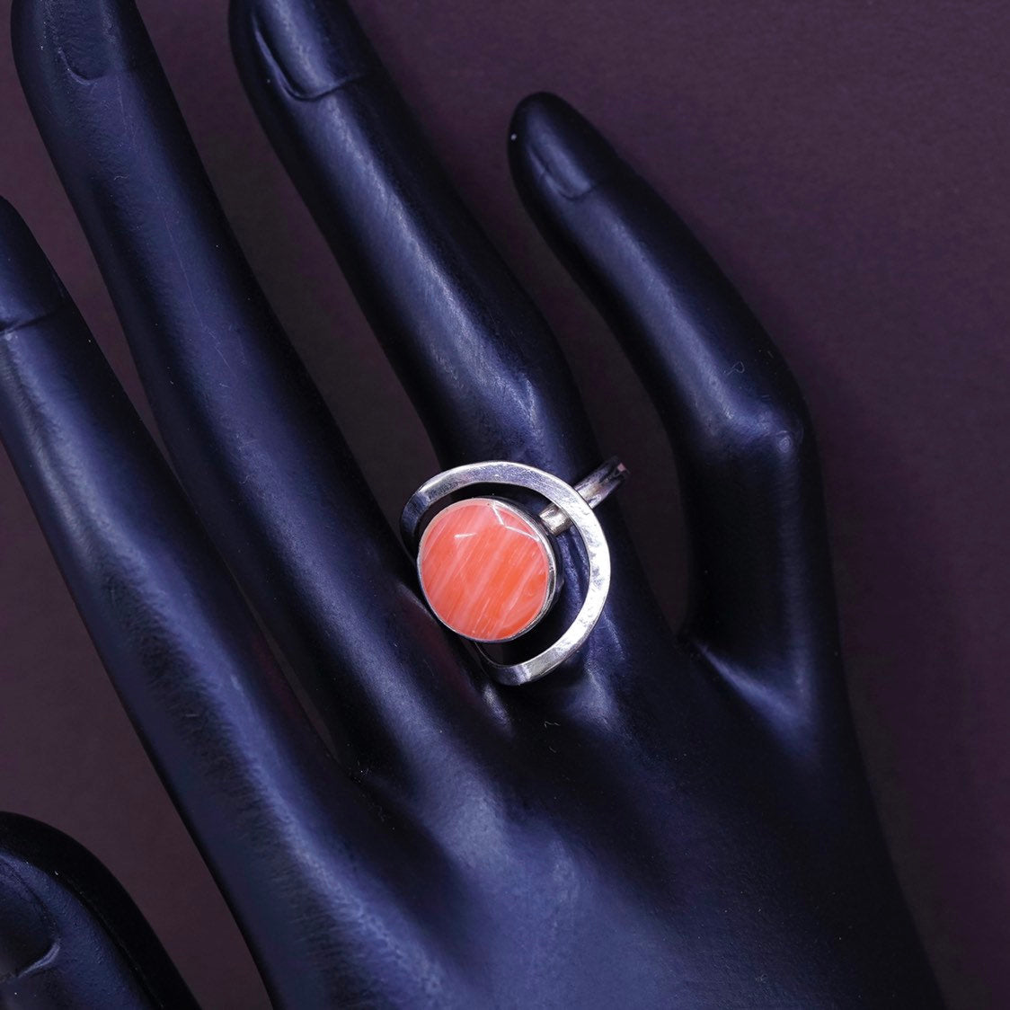 sz 4, VTG Sterling silver handmade ring, 925 with orange agate inlay