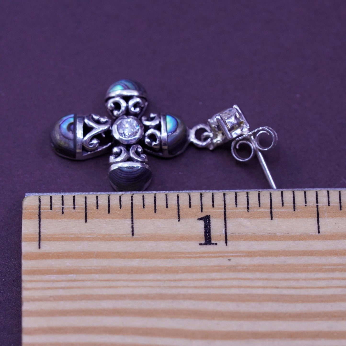 Vintage Sterling 925 silver handmade cross earrings with abalone and cz