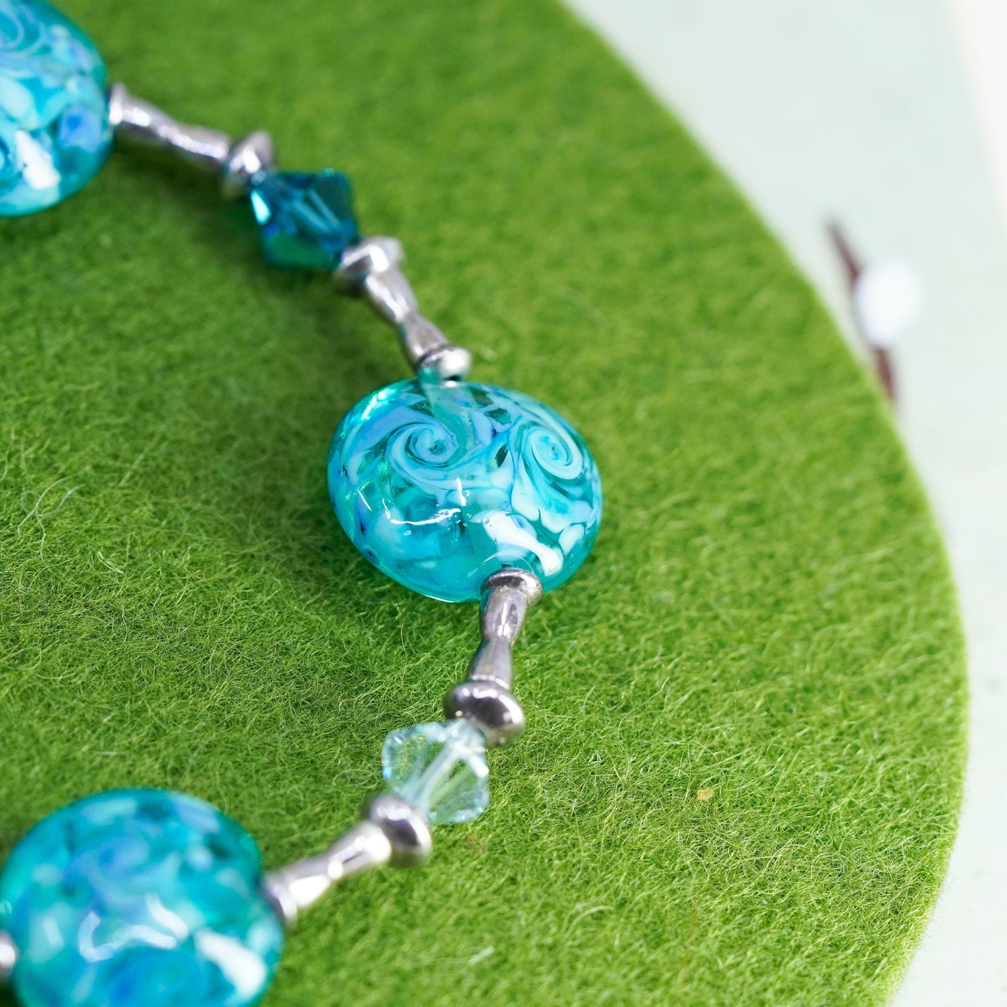 6.5”, vintage 925 Sterling silver bracelet with artisan blue glass beads