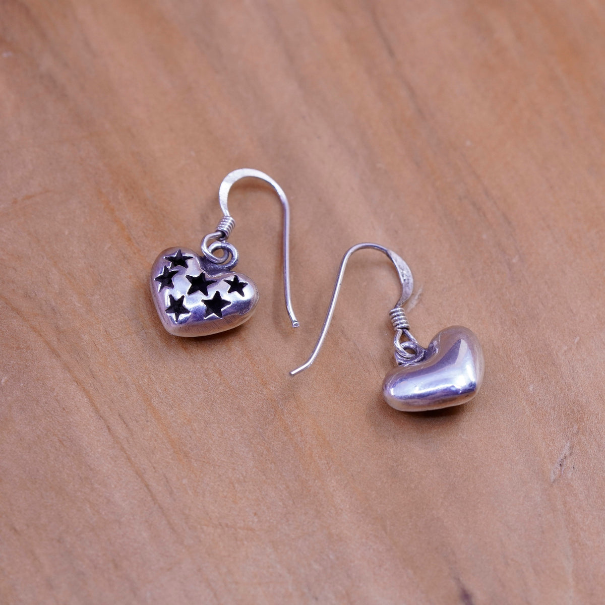 Vintage Sterling silver handmade earrings, 925 heart drops with star cut out