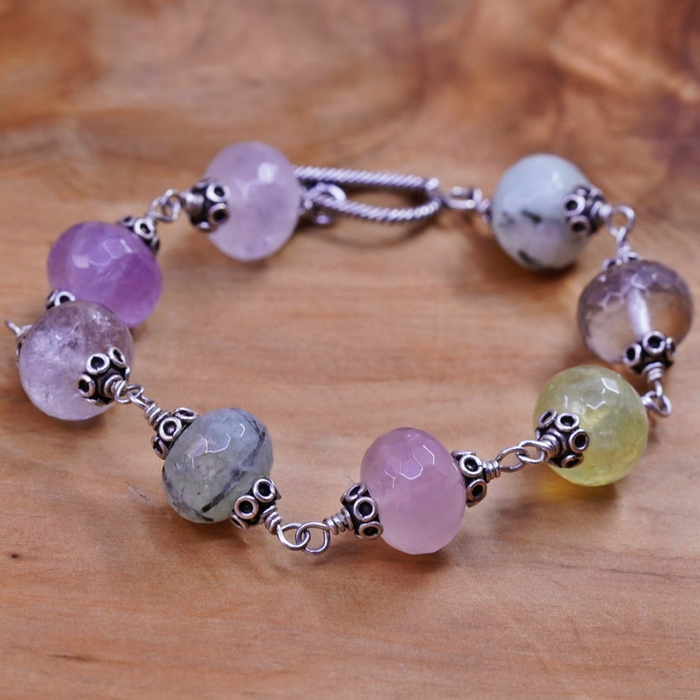 7”, sterling 925 silver carved bracelet prehnite amethyst quartz citrine