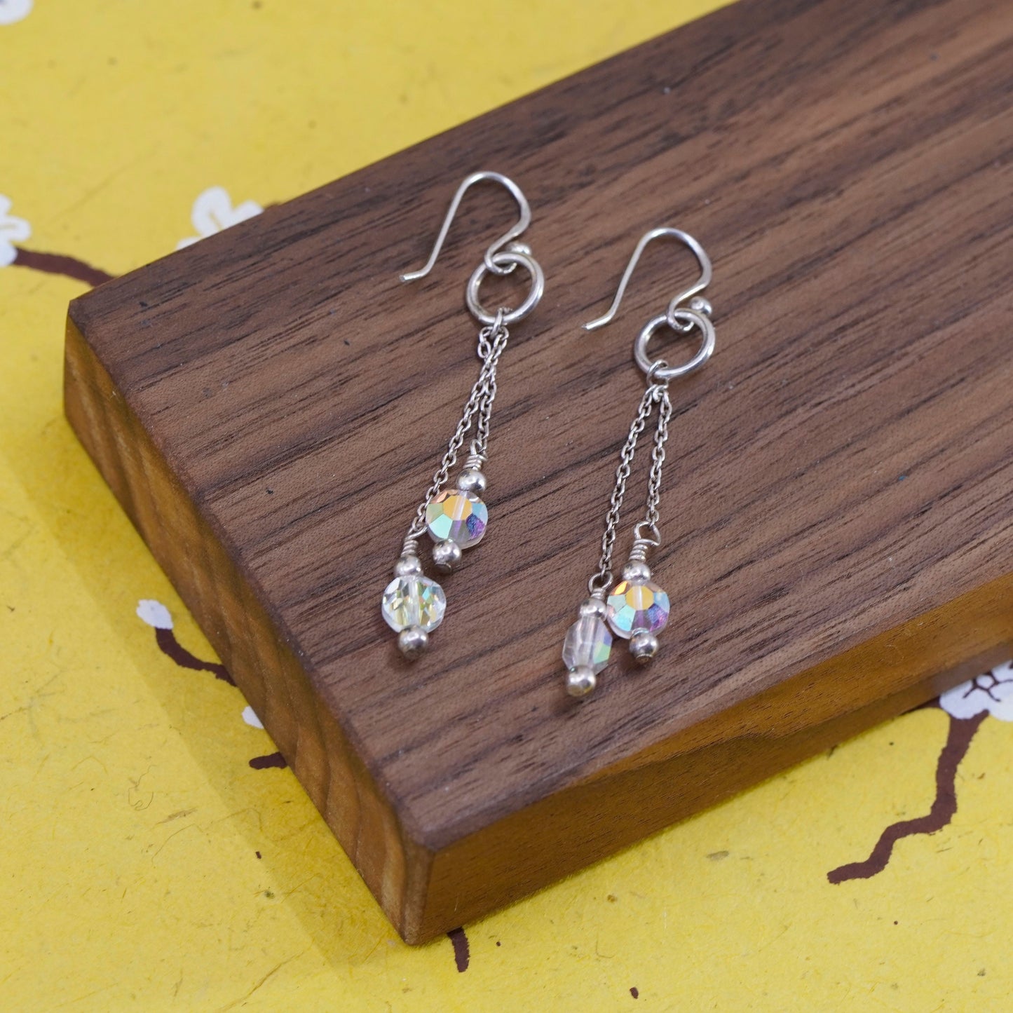 Vintage Sterling 925 silver handmade long earrings with crystal beads