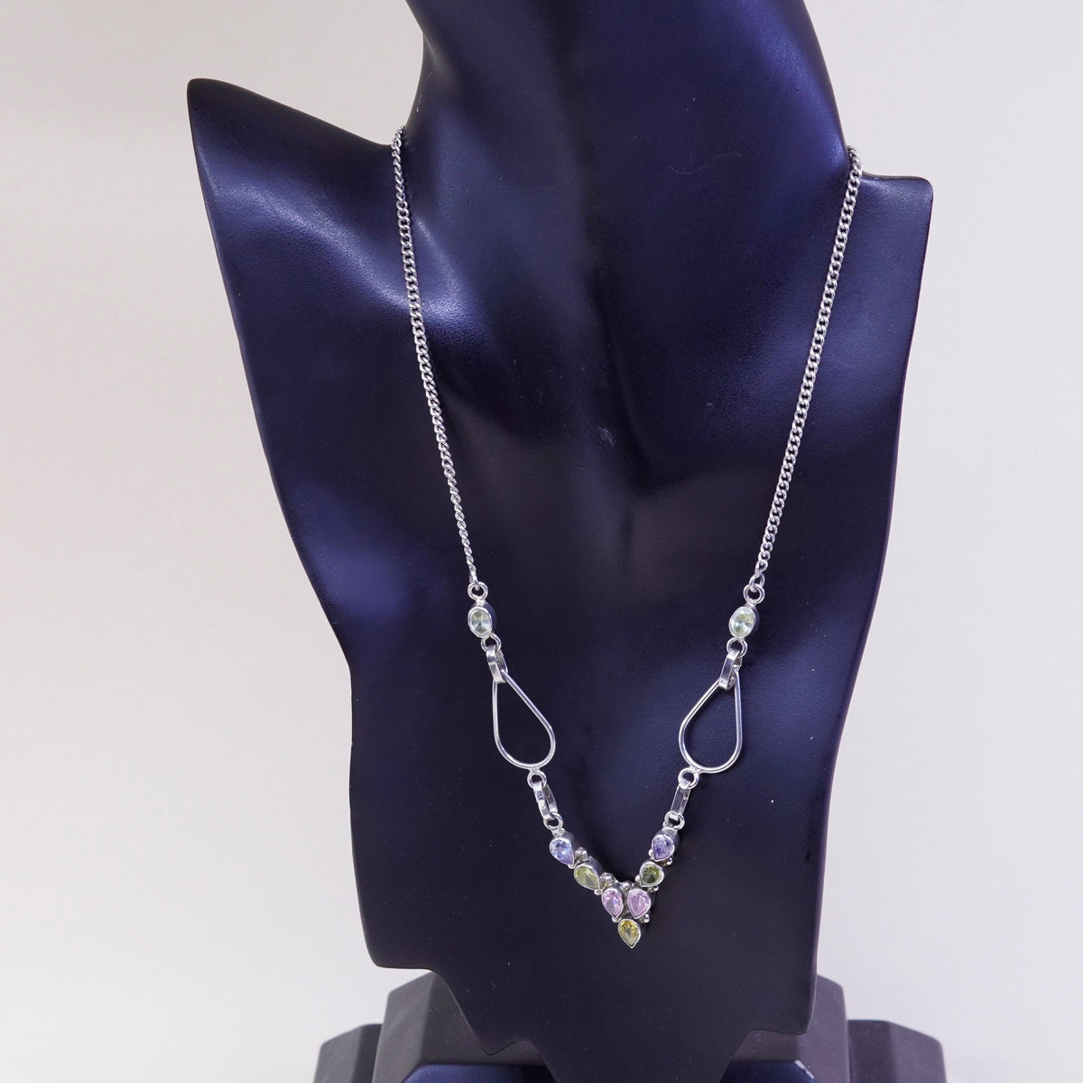 18” handmade V necklace, sterling silver 925 curb chain topaz crystal citrine
