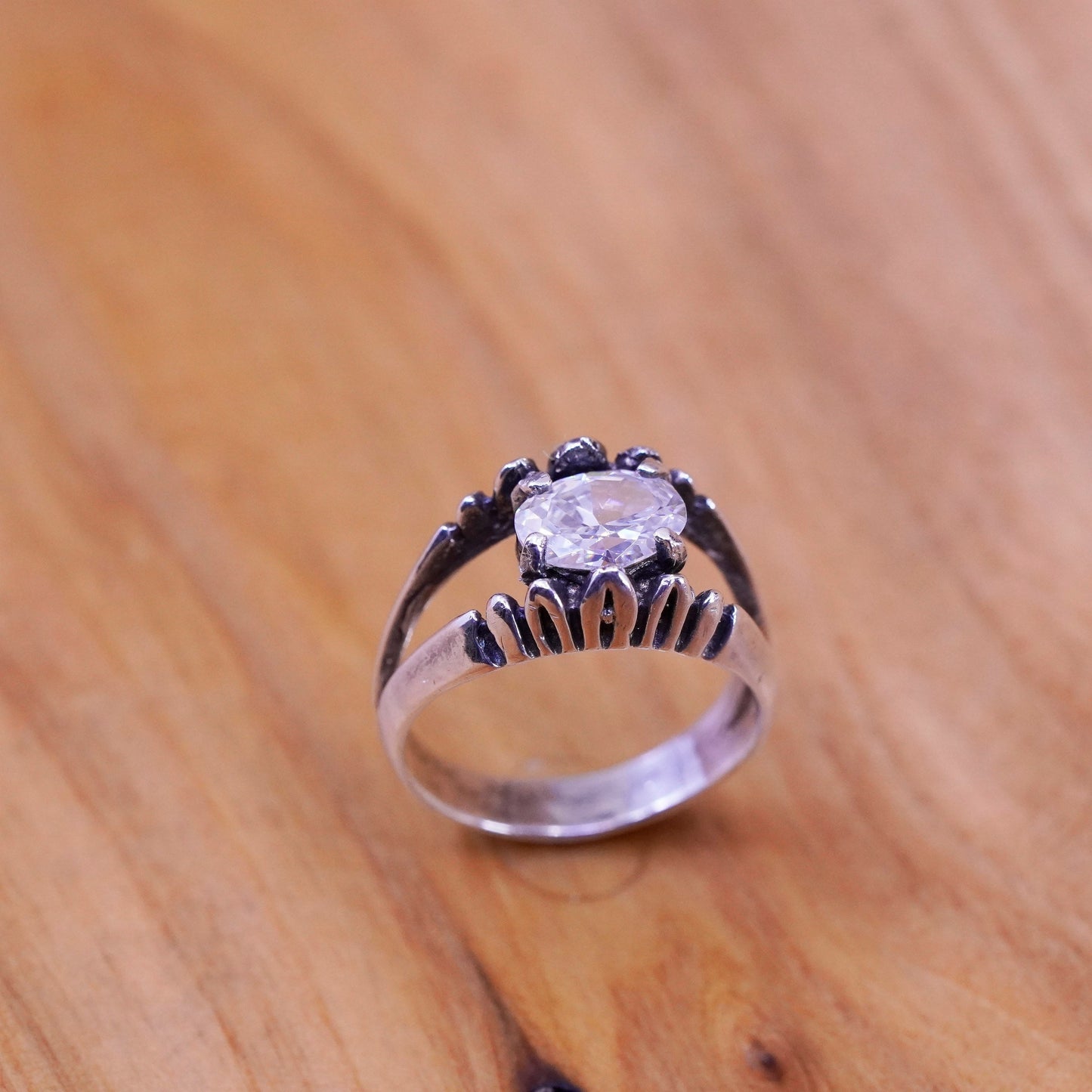 Size 6.25, vintage Sterling 925 silver handmade crown ring with cz