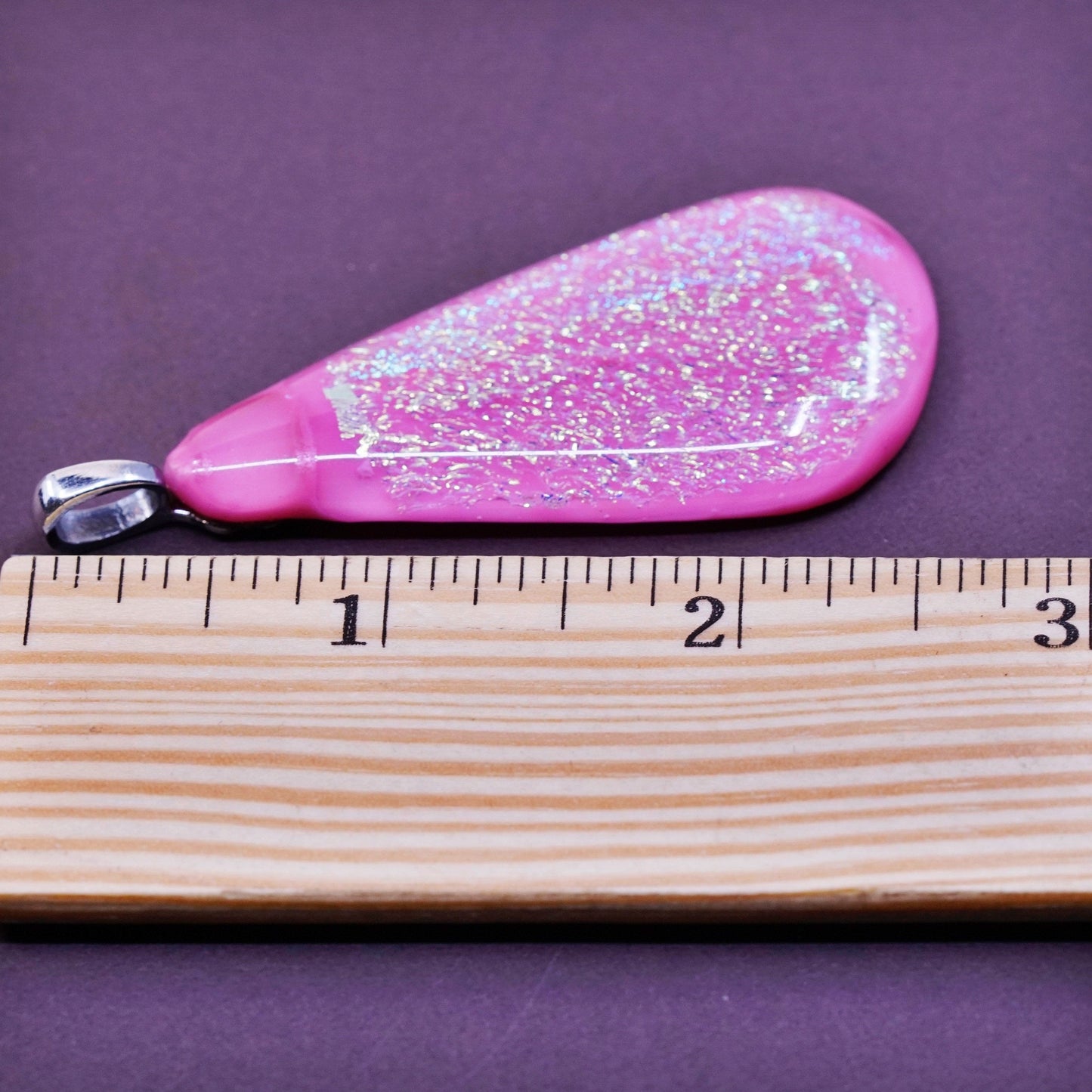 vtg Sterling silver handmade pendant, 925 w/ teardrop pink foil glass
