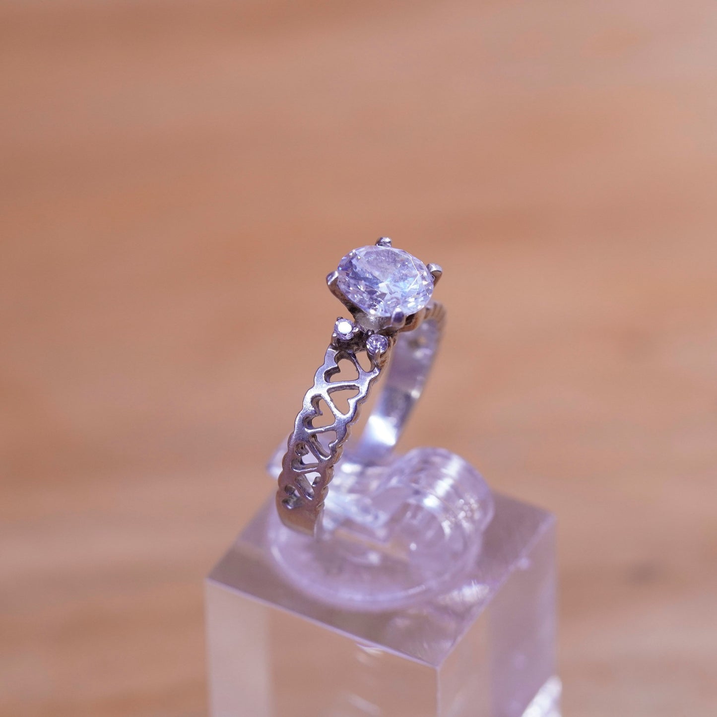Size 7.25, vintage Sterling silver handmade ring, 925 engagement heart band cz