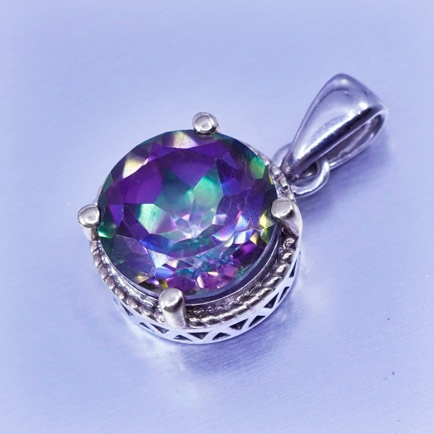 antique 14K gold trim sterling 925 silver heart pendant w/ rainbow topaz cable