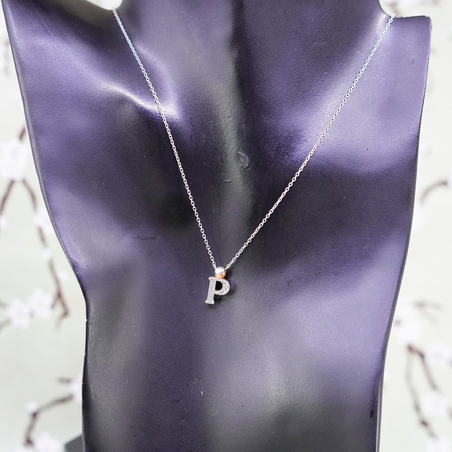 vtg sterling 925 silver necklace, circle chain w/ initial Letter P pendant cz
