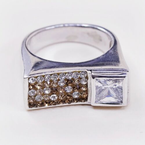 Sz 7, Vtg Sterling Silver Handmade Ring, 925 Silver Statement Band W/ Cluster Cz