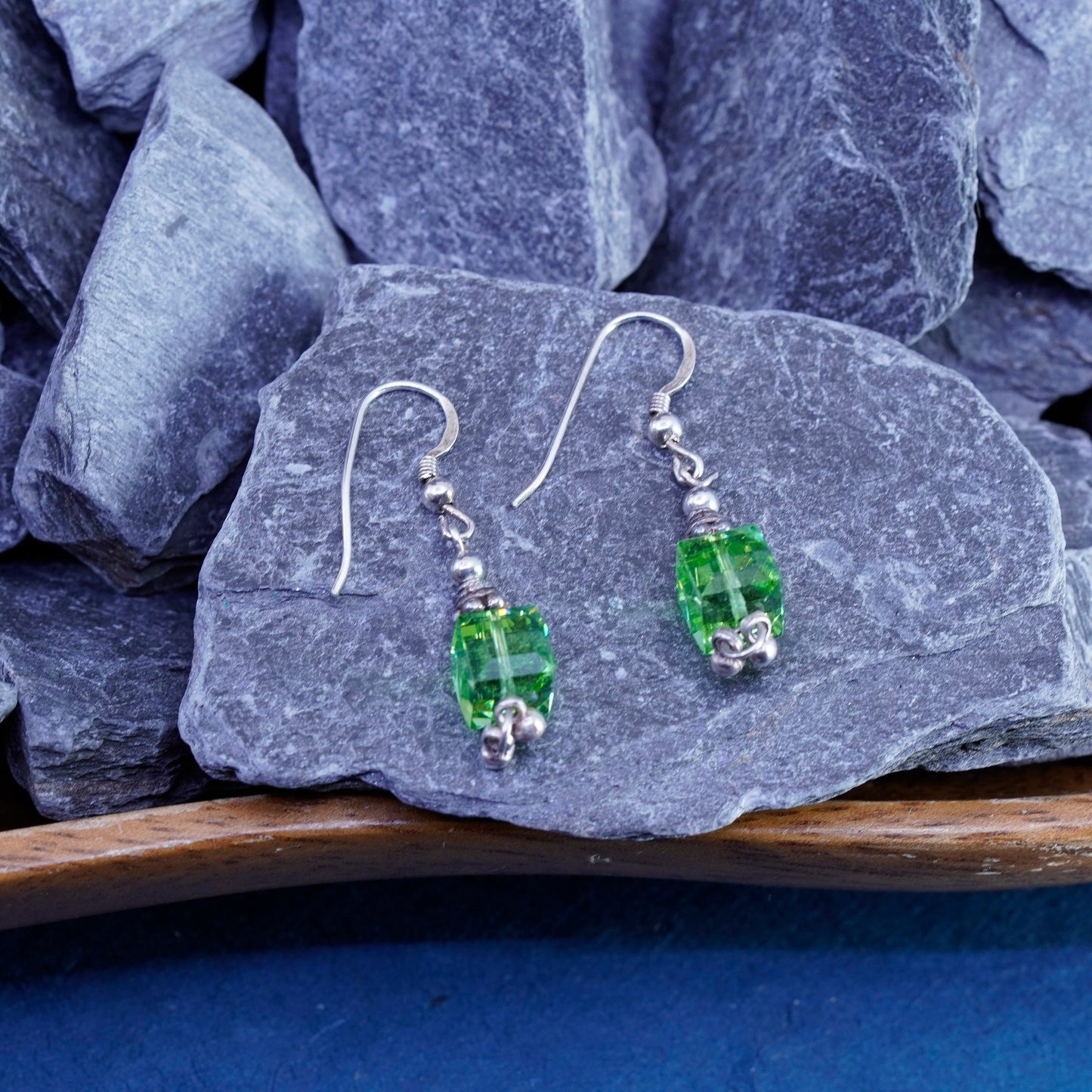 Vintage sterling 925 silver earrings with green cz dangles