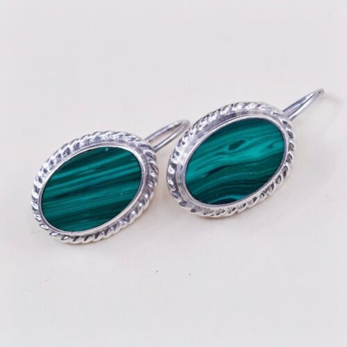 Vtg Mexico handmade Sterling Silver earrings, 925 Oval Malachite Dangles
