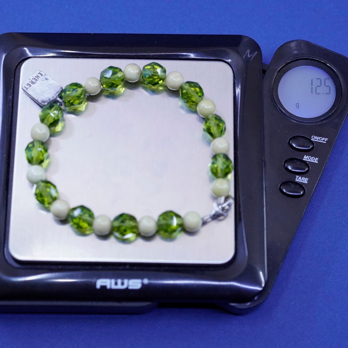 7”, sterling 925 silver handmade bracelet w/ green crystal beads energy charm