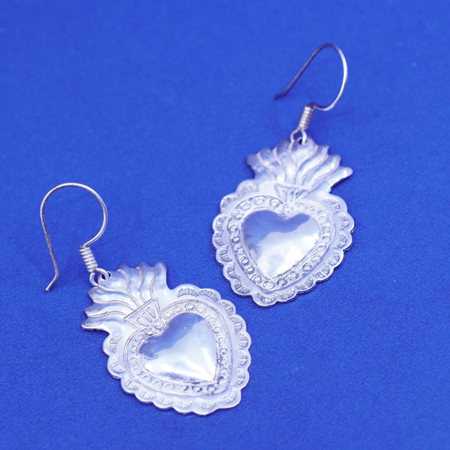 vtg southwestern sterling silver handmade earrings, 925 textured heart dangles
