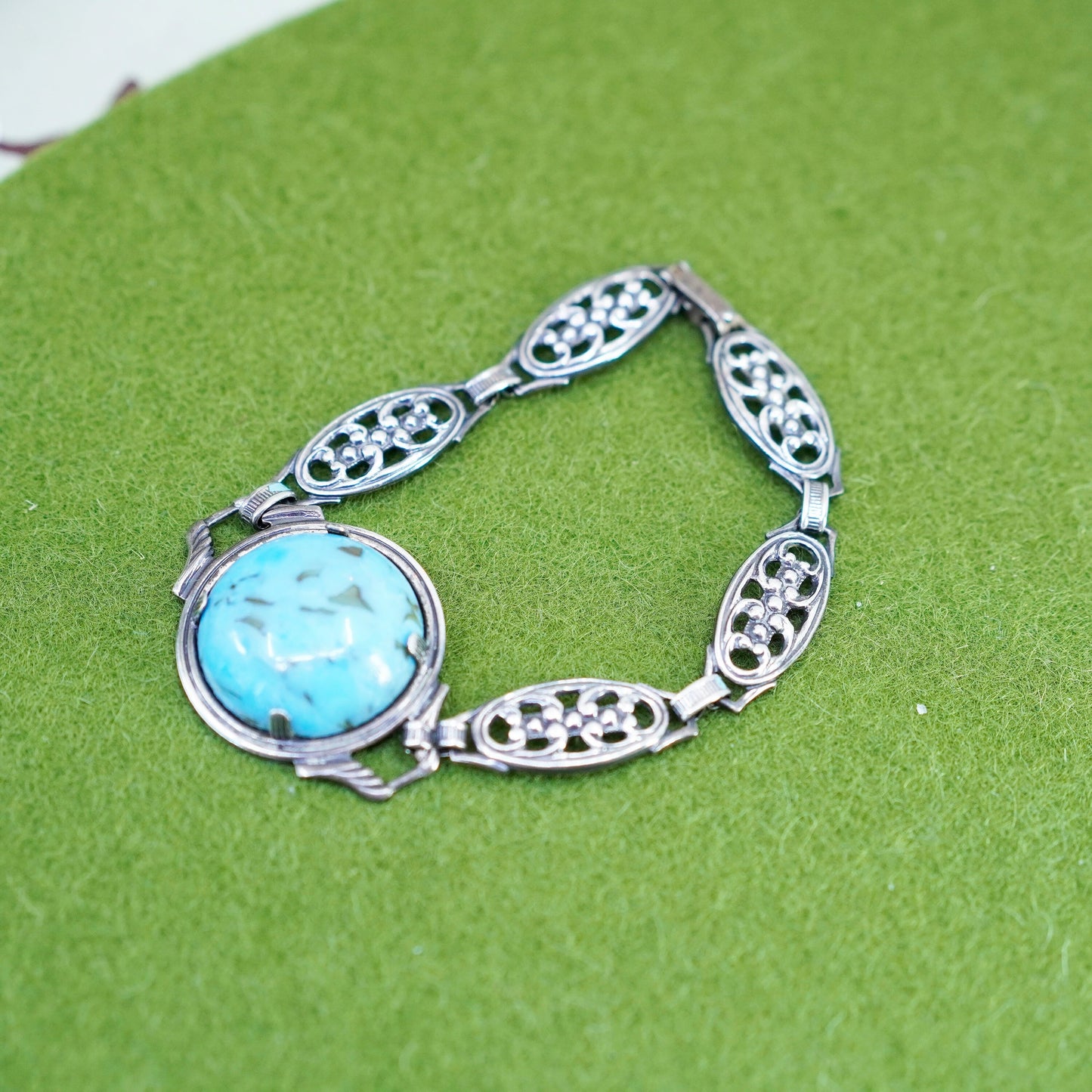 6.25”, Sterling Silver 925 filigree floral chain Bracelet manmade turquoise