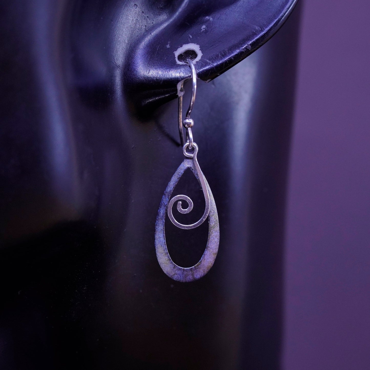 Vintage Sterling silver handmade earrings, 925 teardrops with swirly dangle
