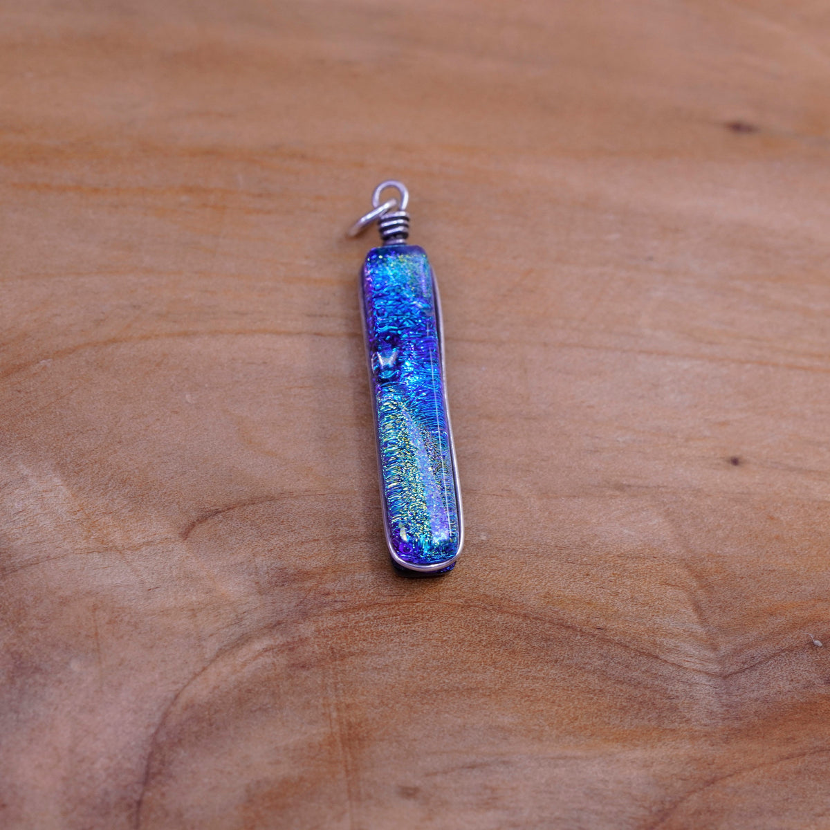 Vintage Sterling 925 silver handmade pendant with long blue foil glass