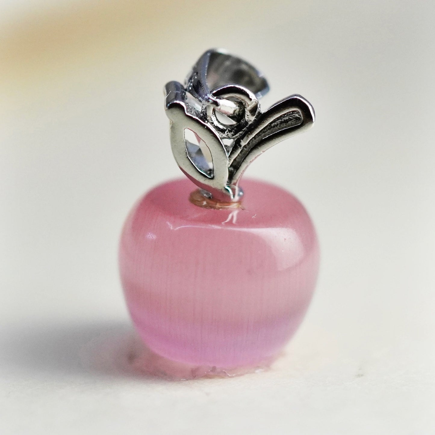 Vintage sterling silver Apple with pink cats eye, 925 handmade pendant
