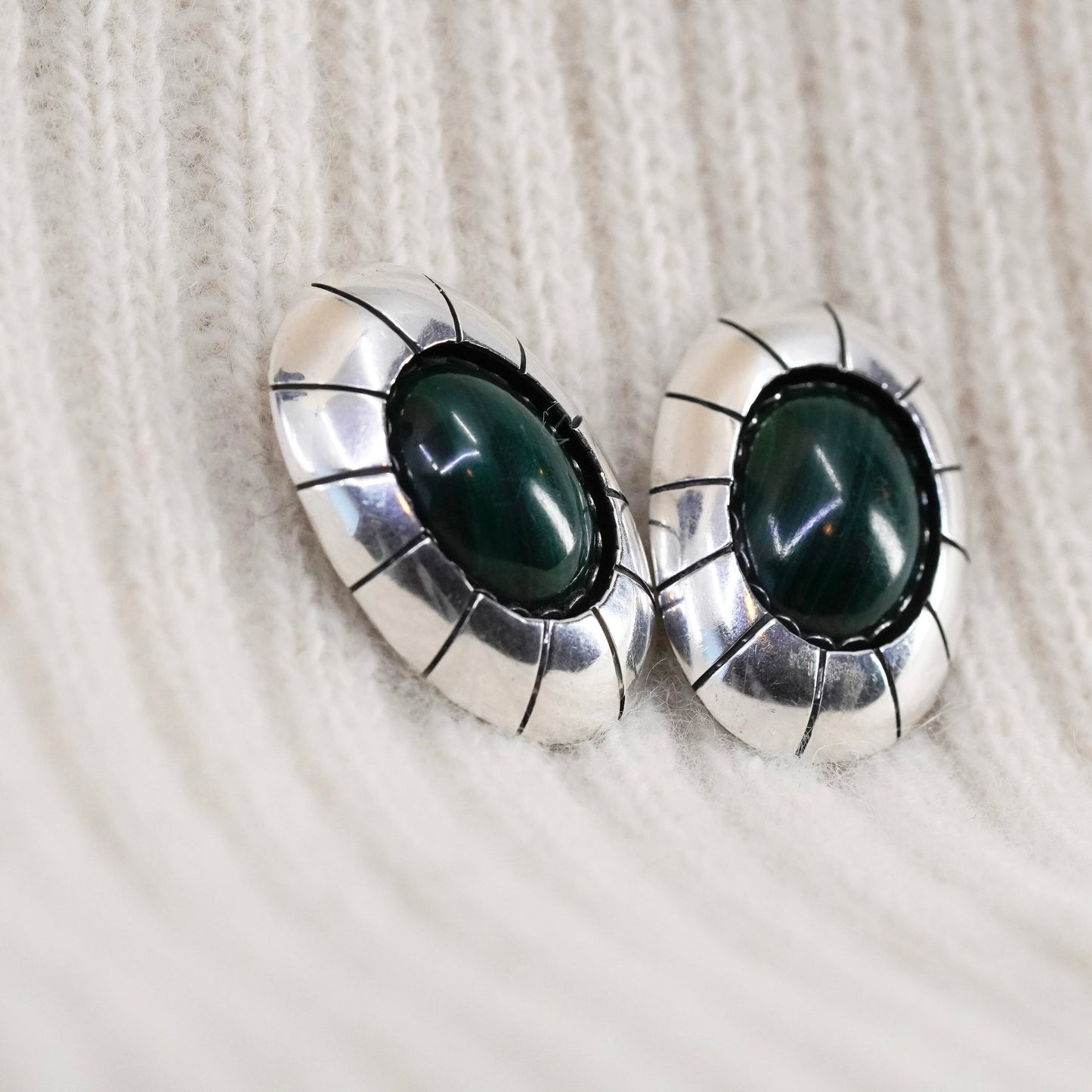 vtg Sterling 925 silver Carolyn Pollack Relios earrings, oval studs malachite