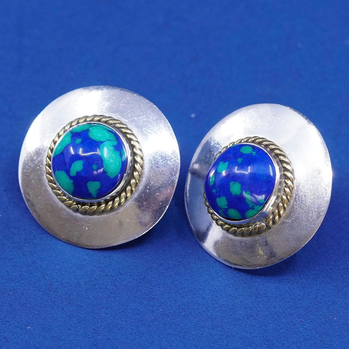 two tone Sterling silver handmade earrings, mexico 925 azurite studs w/ cable