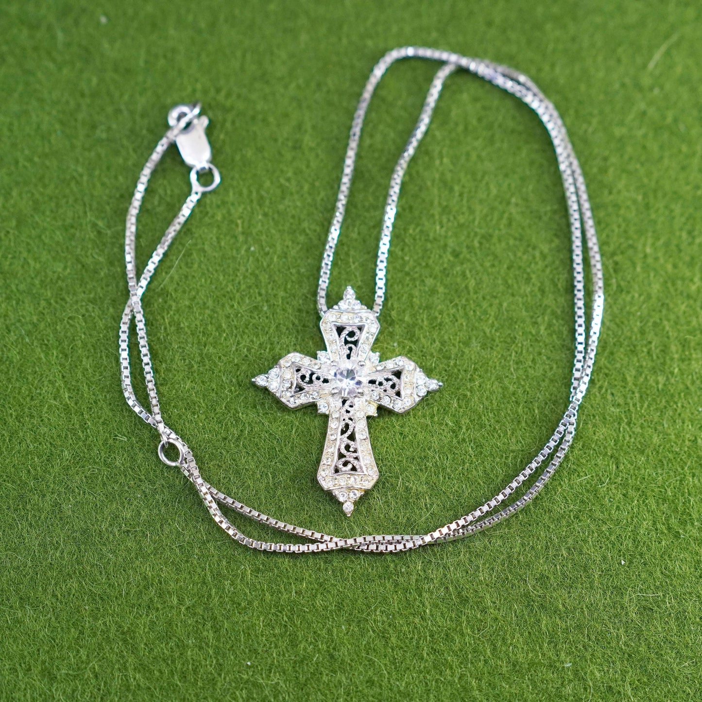 16+2”, sterling silver handmade necklace, 925 box chain filigree cross Pendant