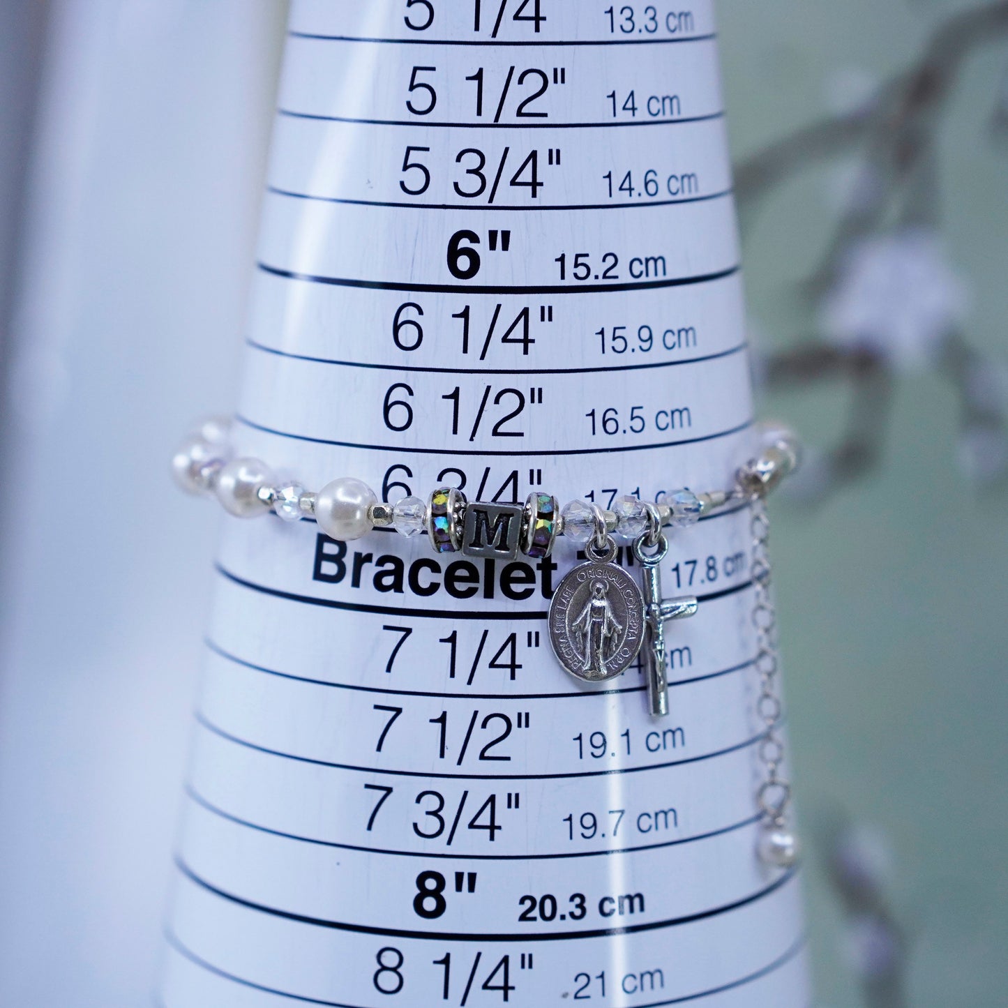 6.75”, handmade bracelet, freshwater pearl with 925 Virgin Mary Jesus charm