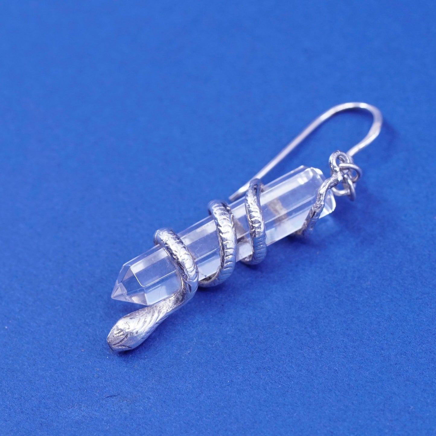 Vintage sterling 925 silver handmade earrings, clear healing crystal with snake