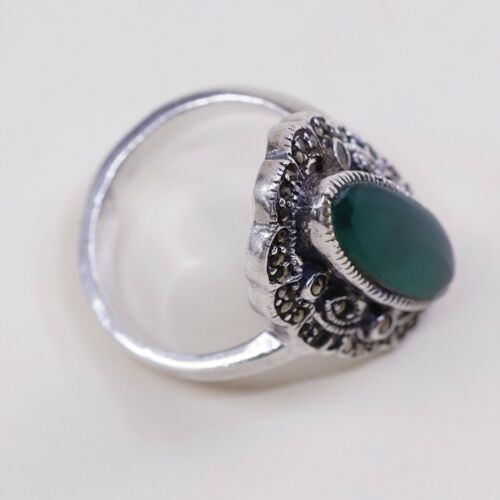 Sz 7.75, Sterling Silver handmade Ring, 925 Silver W/ Emerald n marcasite