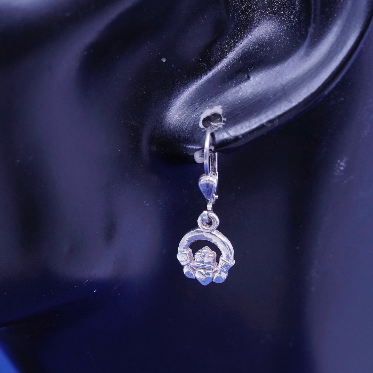 Vintage Sterling 925 silver handmade earrings, claddagh holding heart drops
