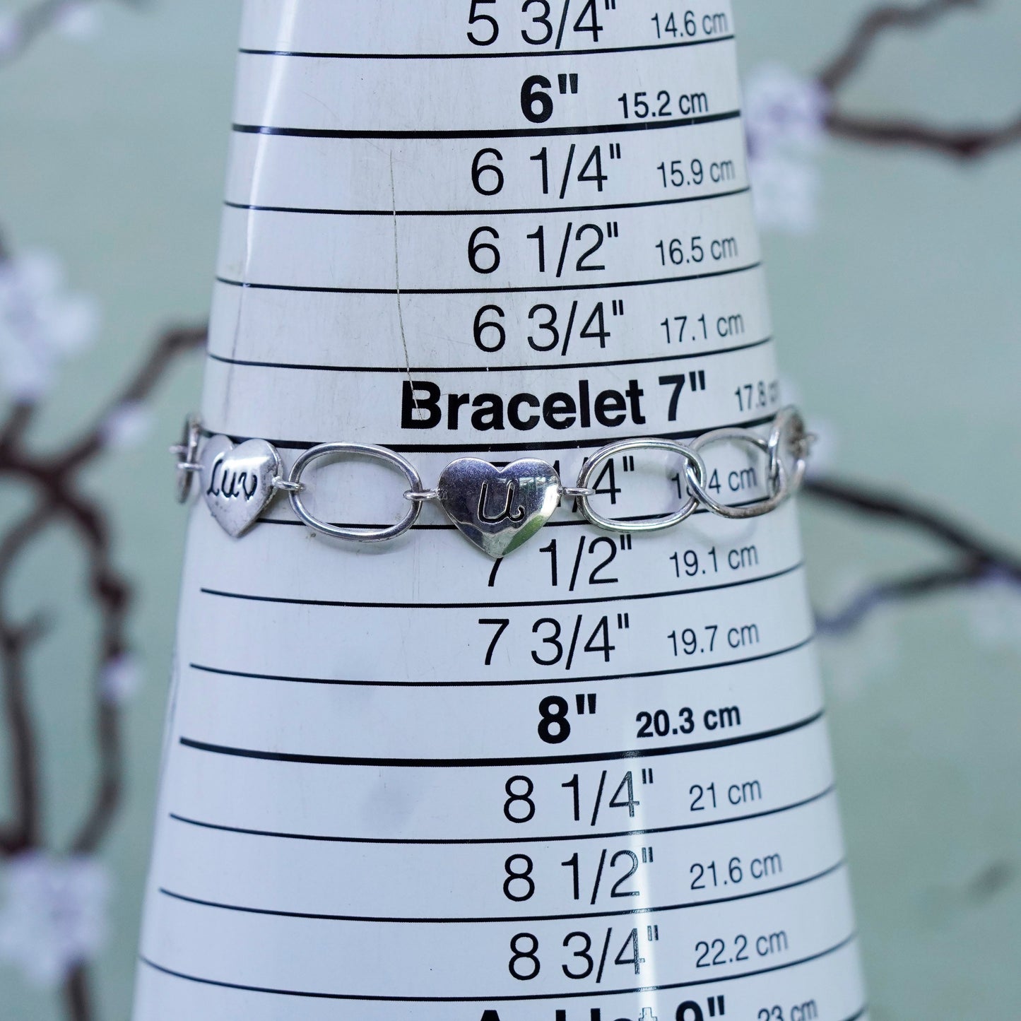 7.25”, Vintage sterling silver handmade bracelet, 925 heart chain “Mom Luv U”