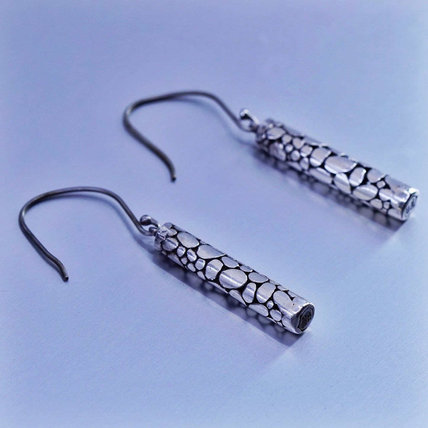 1”, vintage Sterling silver handmade earrings, 925 pebbles textured tube