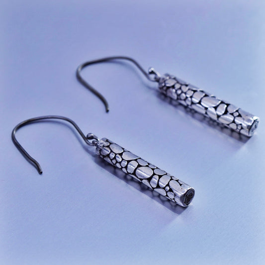 1”, vintage Sterling silver handmade earrings, 925 pebbles textured tube
