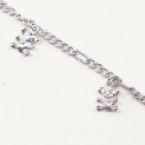 6.75”, 3mm, Vtg Sterling Silver Bracelet 925 Figaro Chain W/ Bear N Heart Charm