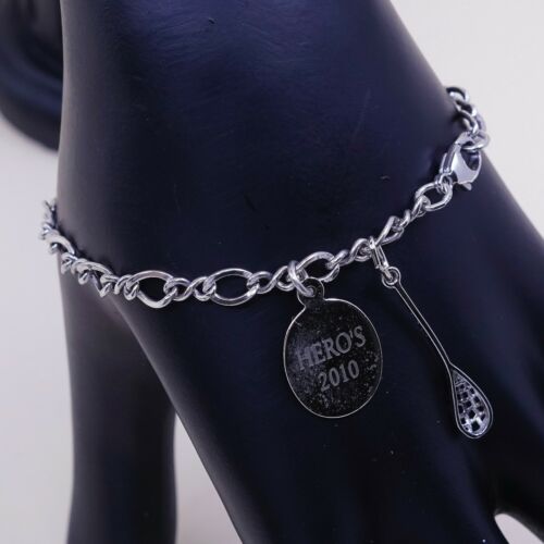 7”, 5mm, vtg Sterling Silver Bracelet, Italy 925 Figaro Chain W/ Tennis Racket