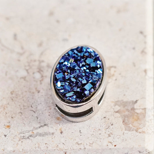 Vintage sterling 925 silver handmade pendant with blue druzy stone