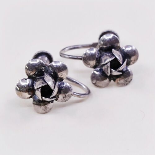 Vtg Sterling 925 Silver Handmade Screw Back Earrings Rose Flower, Stamped Sterli