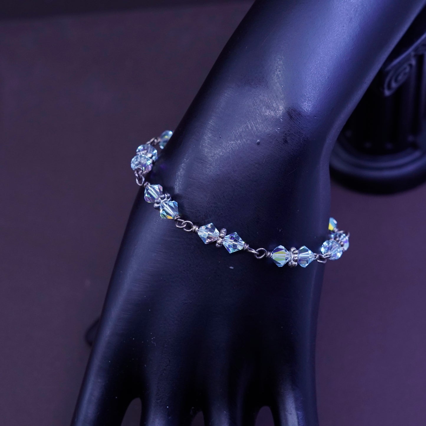 6.75”, vintage Sterling silver handmade bracelet, 925 chain with crystal beads