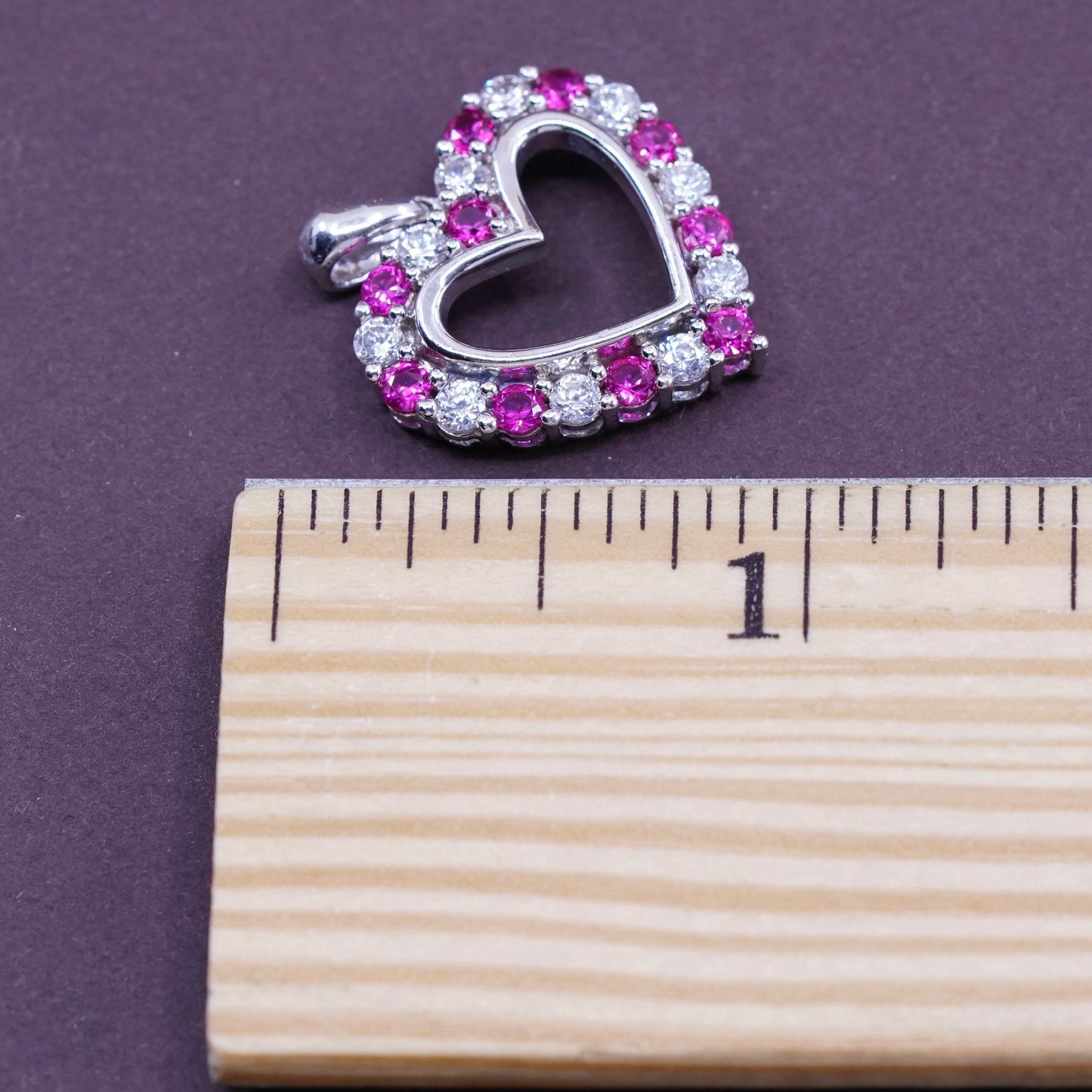 Vintage Sterling 925 silver heart shaped pendant with ruby and crystal