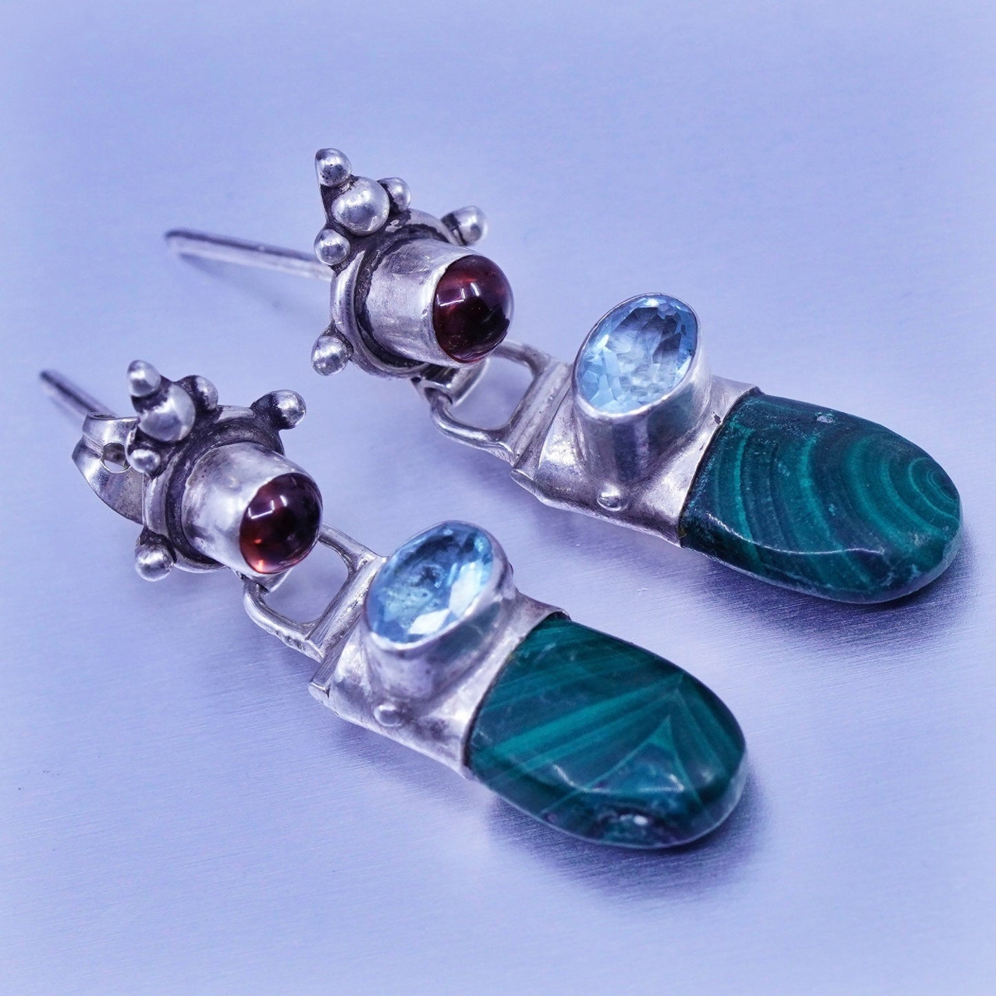 Vintage Sterling 925 silver handmade earrings with malachite topaz and garnet