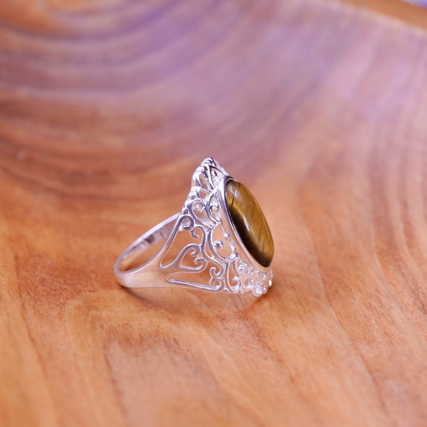Size 9.25, vintage Sterling 925 silver handmade filigree ring golden tiger eye