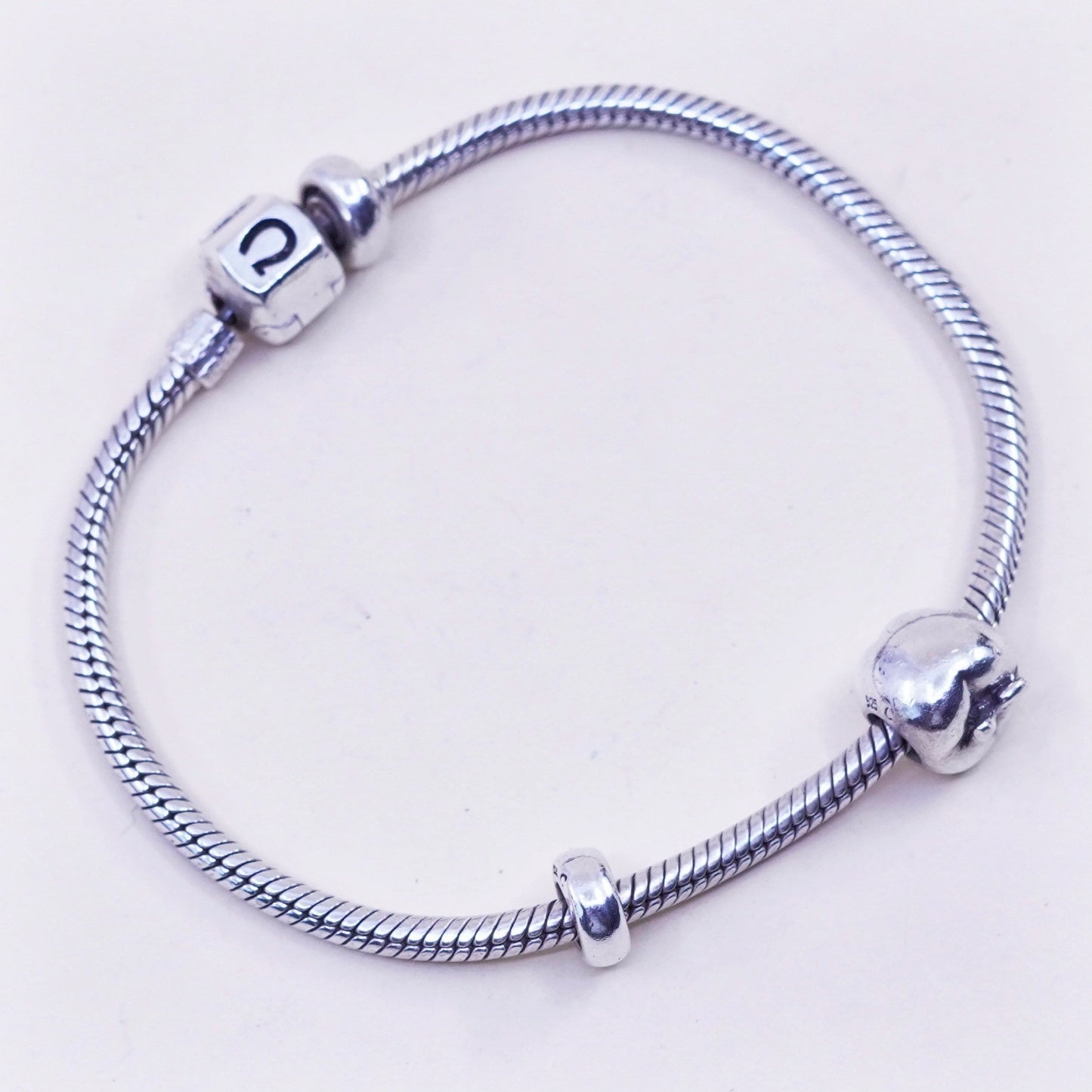 7”, Cham sterling silver handmade charm bracelet, 925 snake chain apple charm