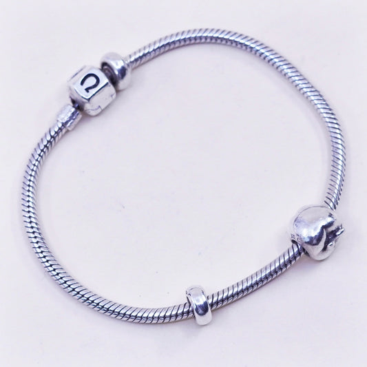 7”, Cham sterling silver handmade charm bracelet, 925 snake chain apple charm