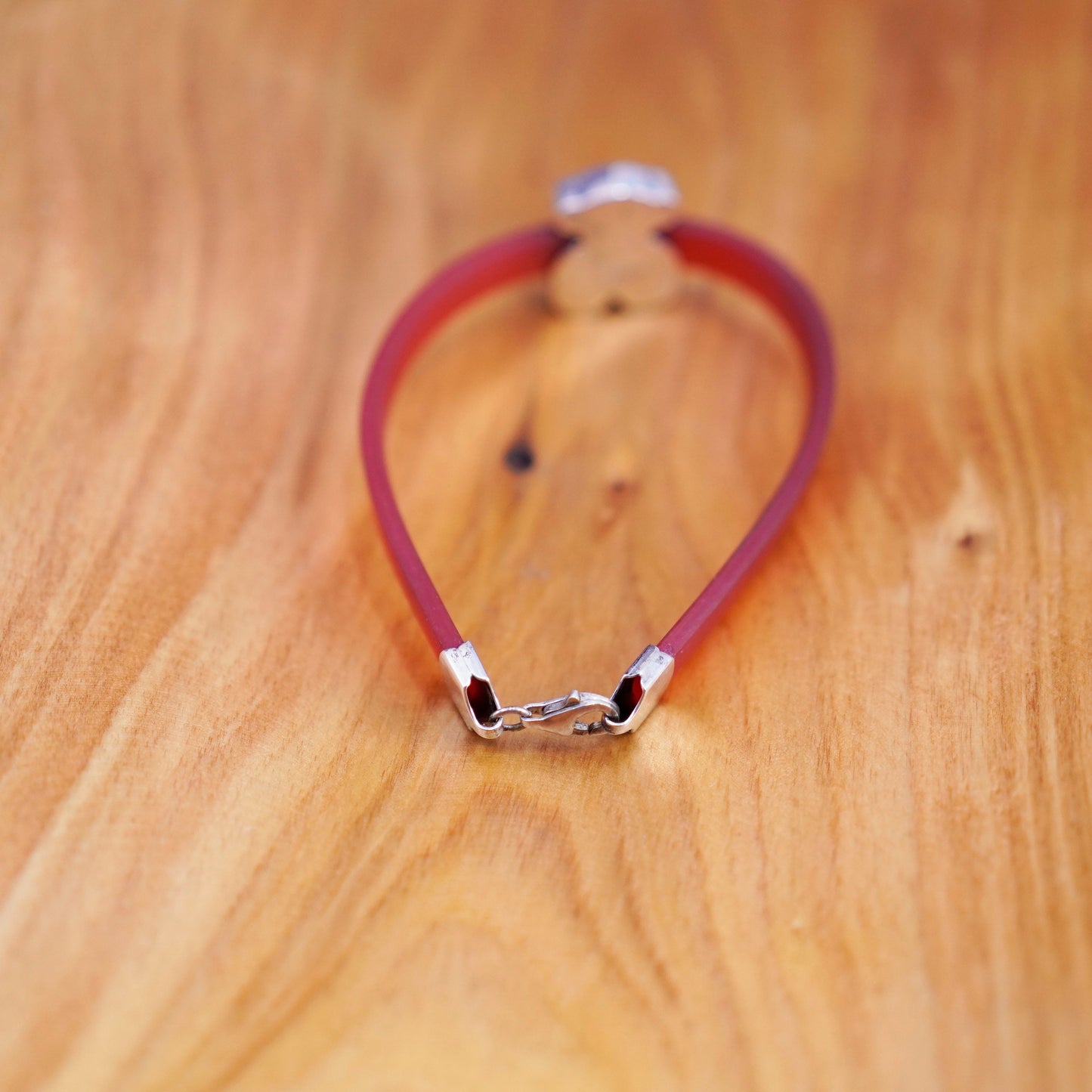 6.5”, vintage AG red rubber bracelet with sterling 925 silver teddy bear charm