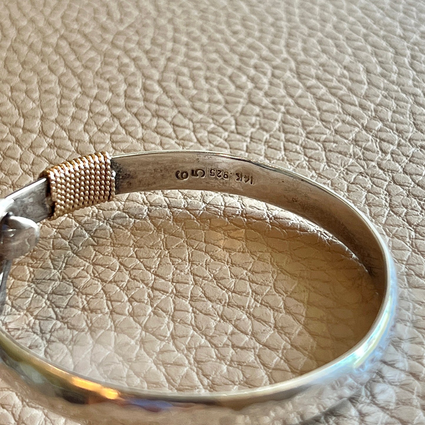 6”, 14K gold wired Sterling 925 silver bracelet, two tone horseshoe bangle