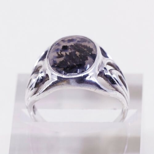 Sz 10, Vtg 925 sterling silver handmade ring W/ Dendritic agate, Silver Tested