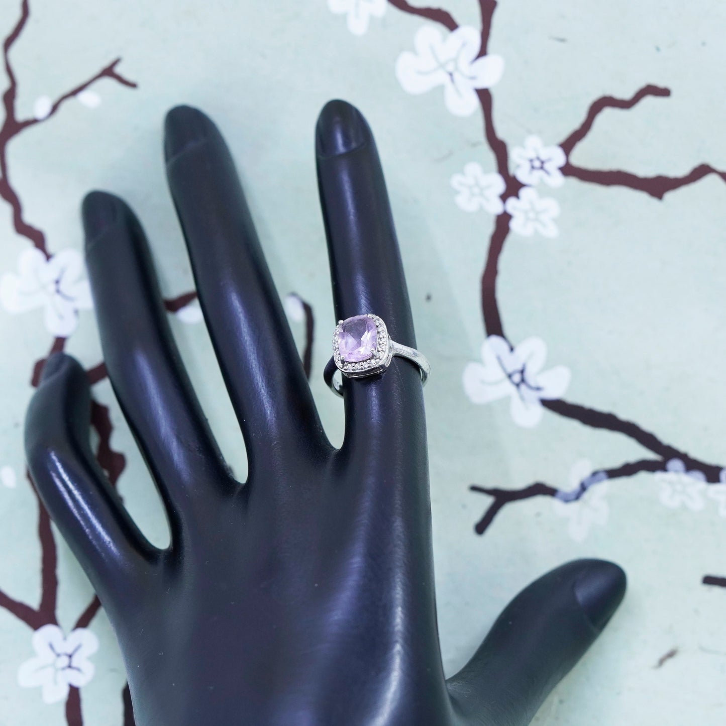 Size 5, vintage Sterling silver 925 handmade cocktail ring with amethyst and Cz