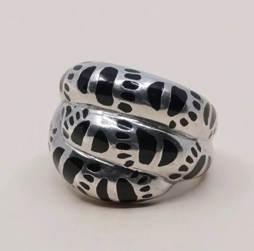 Sz 6, Vtg Sterling Silver Handmade Ring, 925 Silver Band W Obsidian Inlay