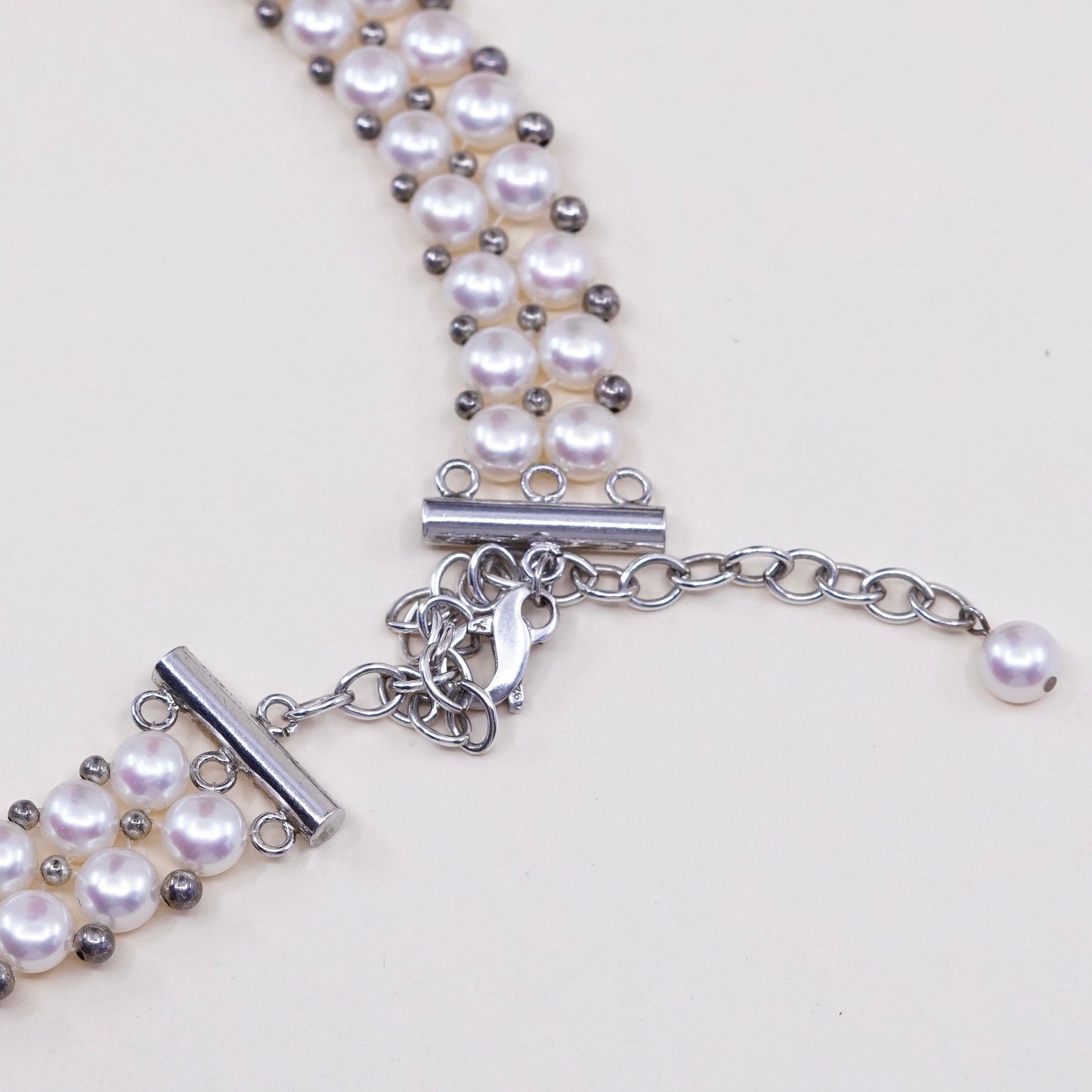 14+4” Vintage sterling 925 silver white freshwater pearl beads necklace chain