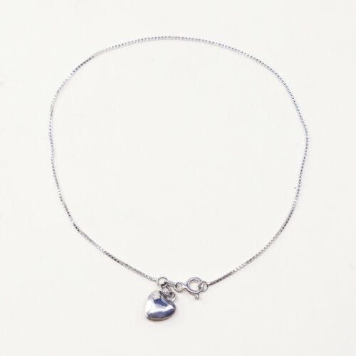 8.75”, 1mm, Vtg Sterling Silver bracelet, 925 Italy Box chain W/ Heart Charm