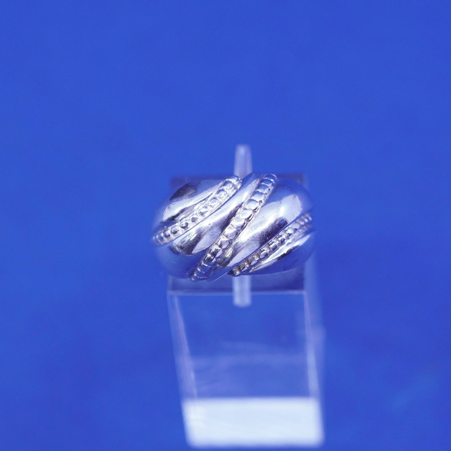 Size 6.5, vtg Sterling silver handmade ribbed ring, 925 statement band w/ wave